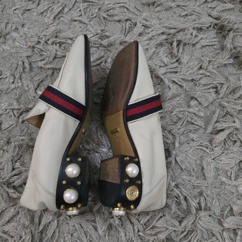 Gucci Peyton White Leather Loafers Pearl Heel Web Stripe GG Logo Sz 39 - Picture 7 of 11